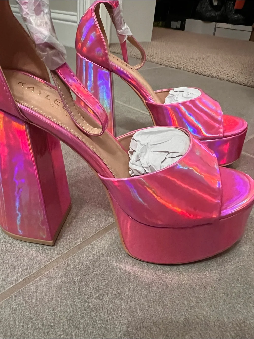 New Holographic Pink Patent Leather Platform Chunky Heels - Iridescent Metallic